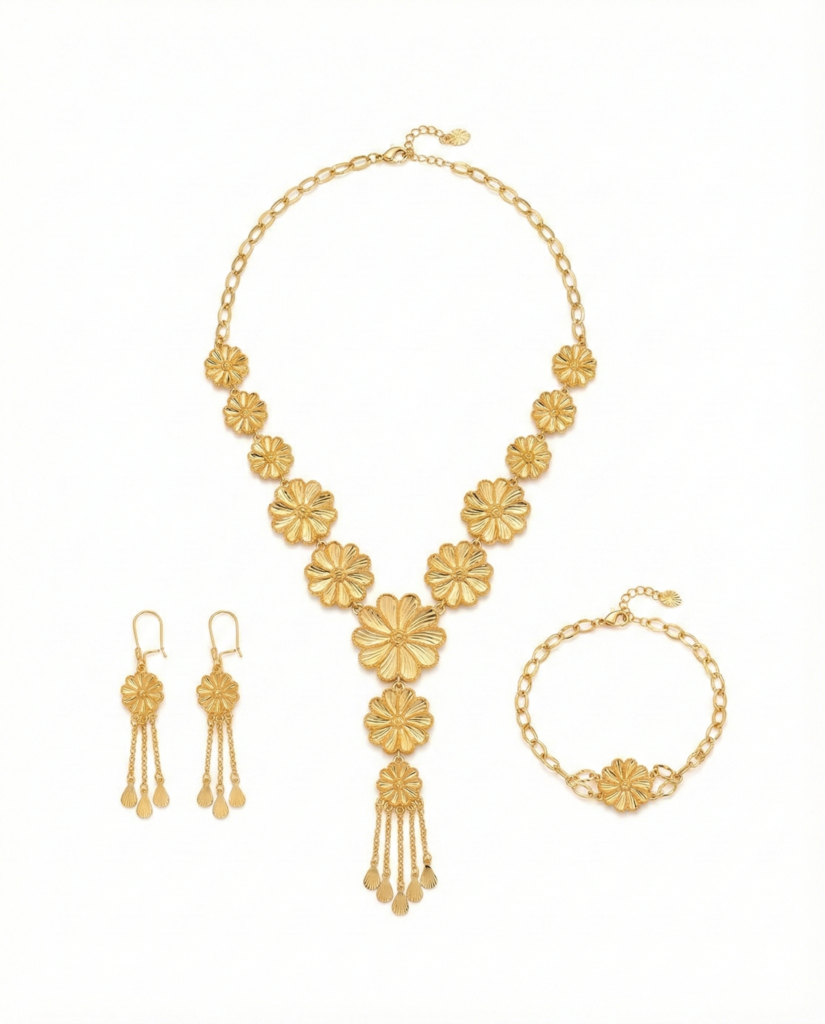 طقم مجوهرات ذهبي بتصميم الزهور