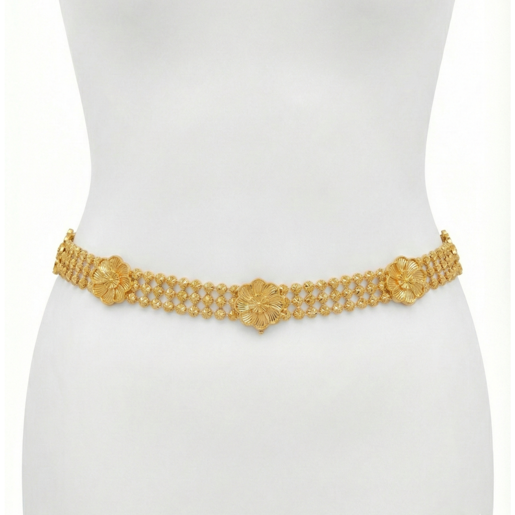 حزام مطلي بزخرفة ورود متشابكة بكرات ذهبية أنيقة