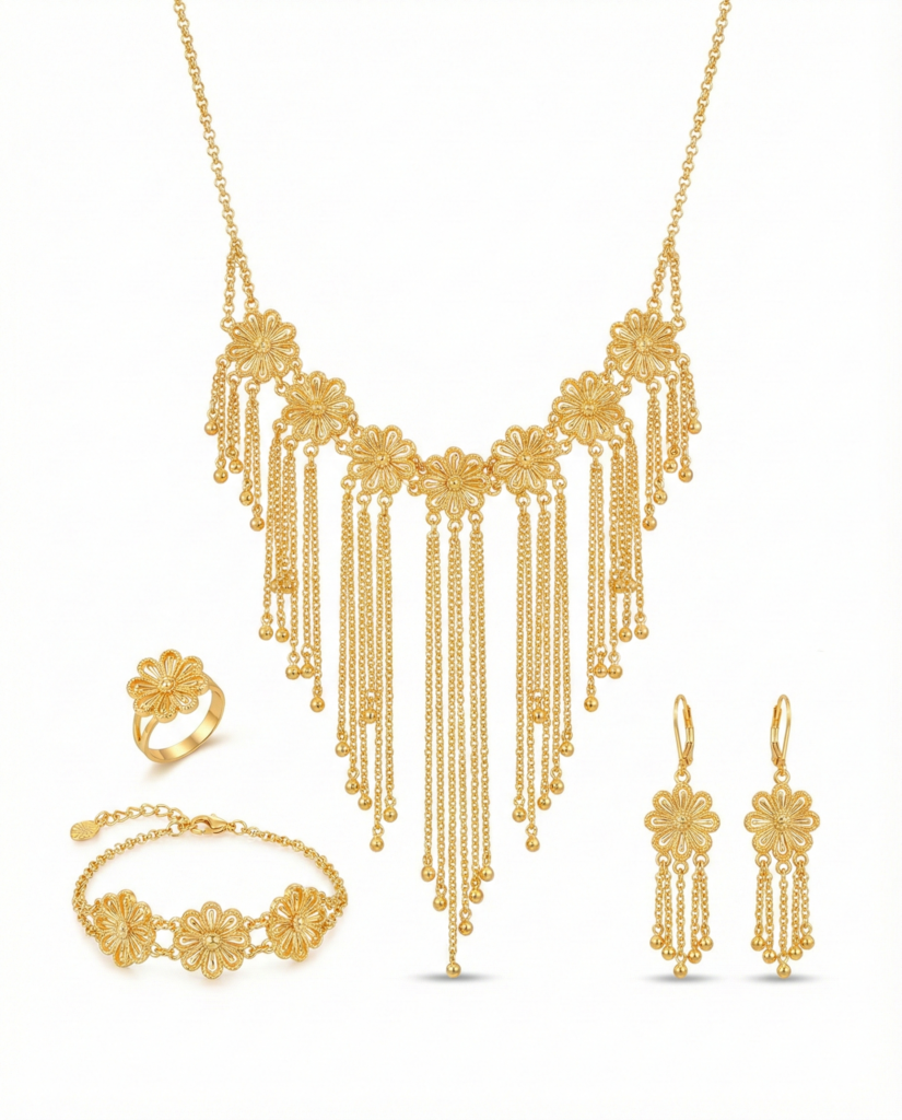 طقم ورد ذهبي فاخر مطلي بتصميم متدلّي أنيق