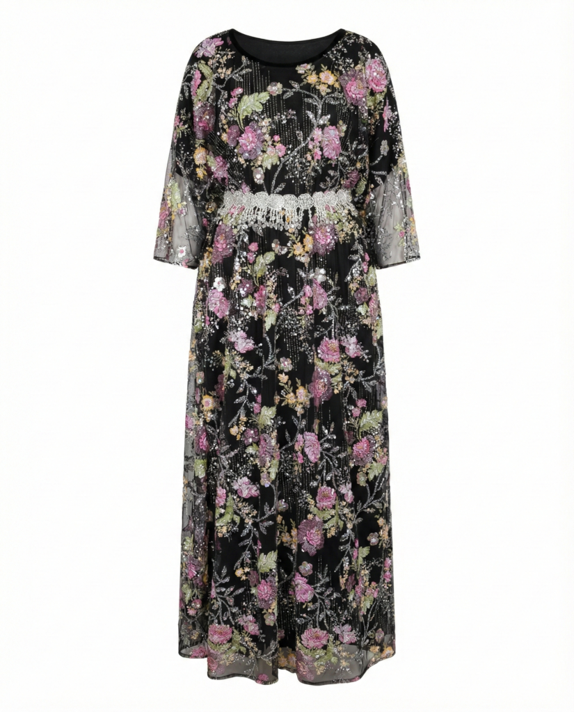 قماش أسود بالورود الوردية (دانتيل)